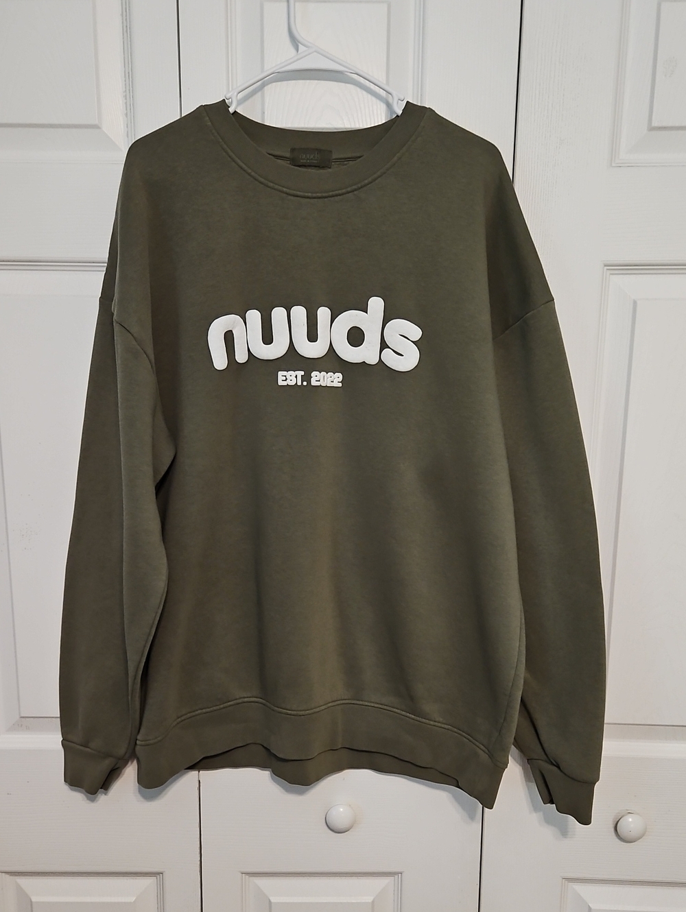 nuuds Olive Crewneck Sweatshirt with White Logo Oversized XL